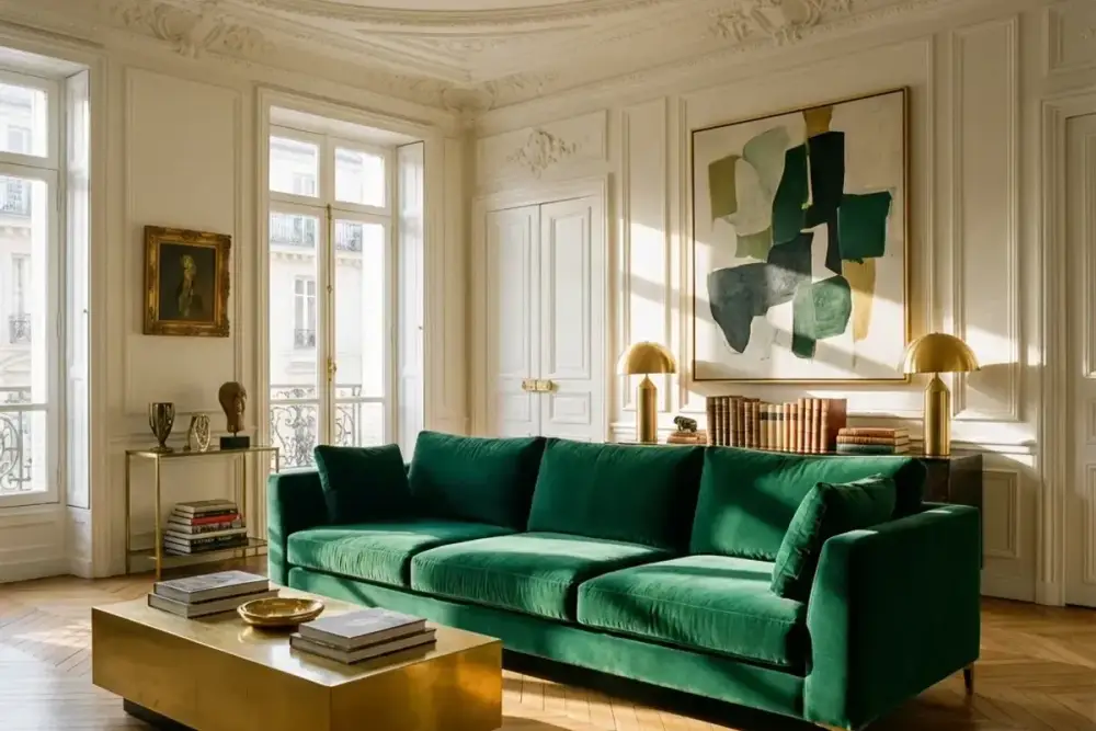 Sofá de terciopelo esmeralda en salón de lujo parisino